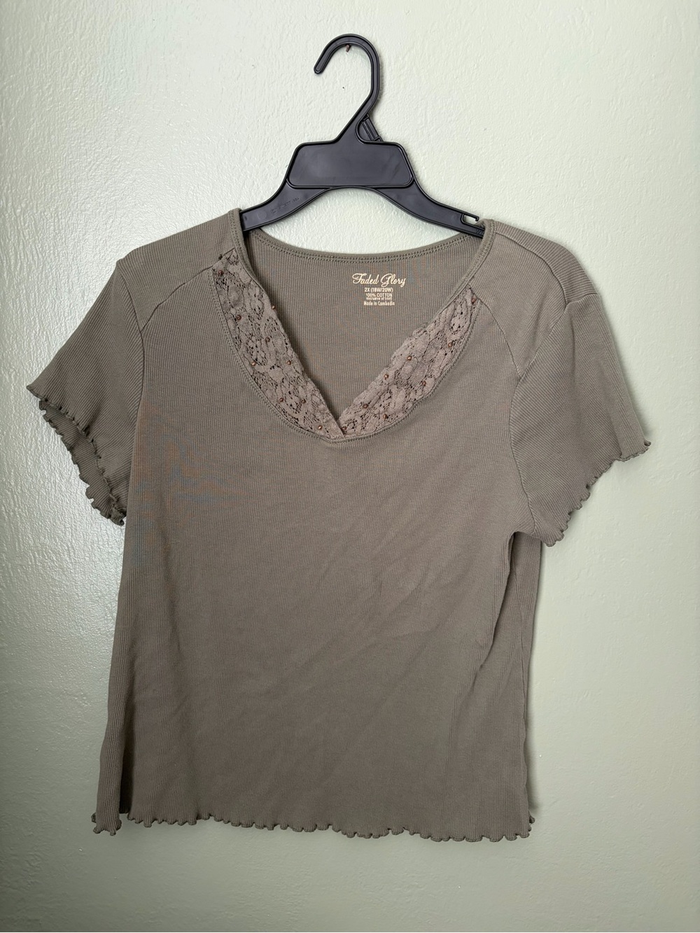 Faded Glory Olive Green Cotton Blouse Shirt Lace Trim Ruffled Sleeve Size 2X